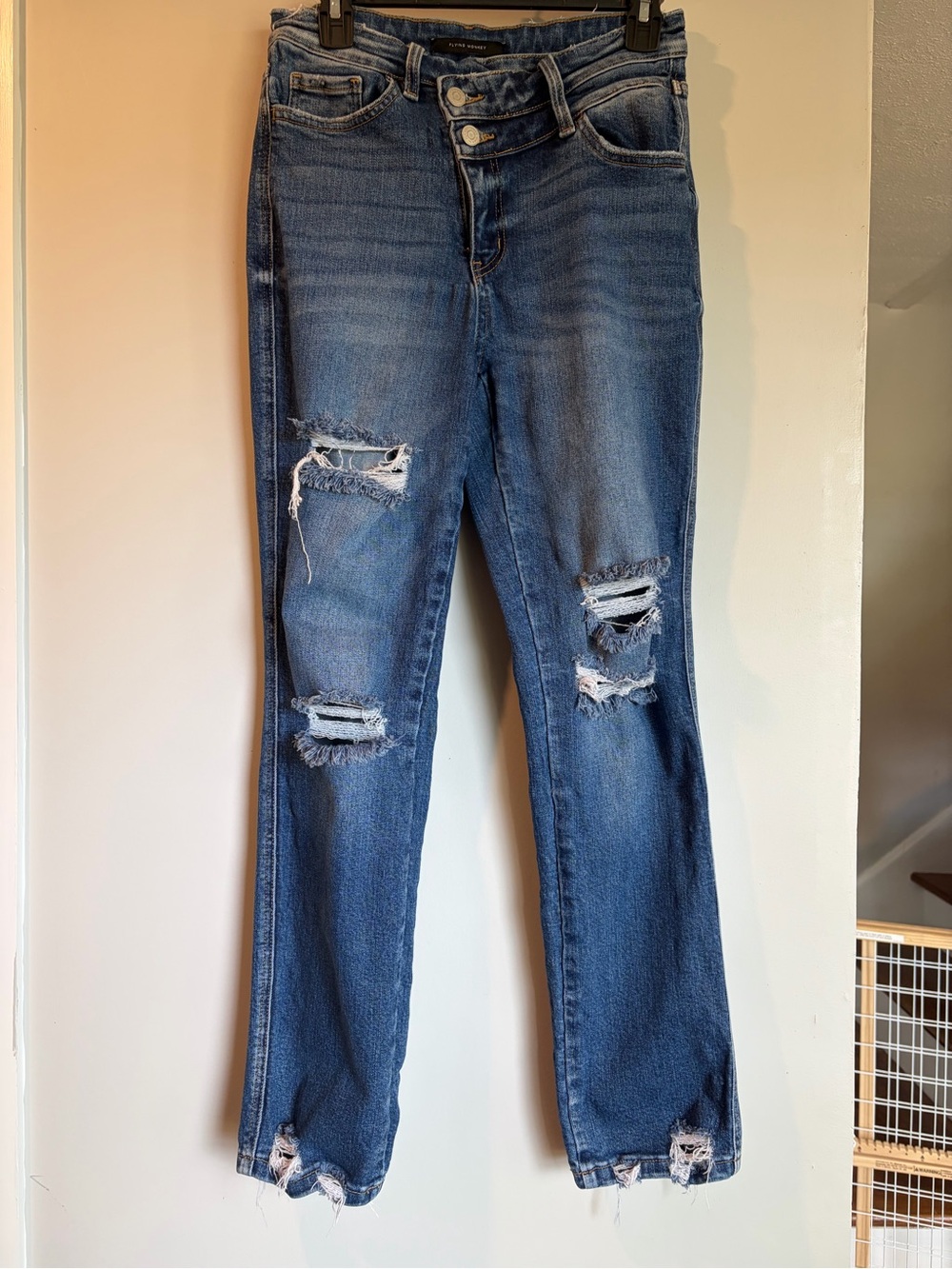 Flying Monkey Women's Distressed Dark Blue Straight Leg Jeans
